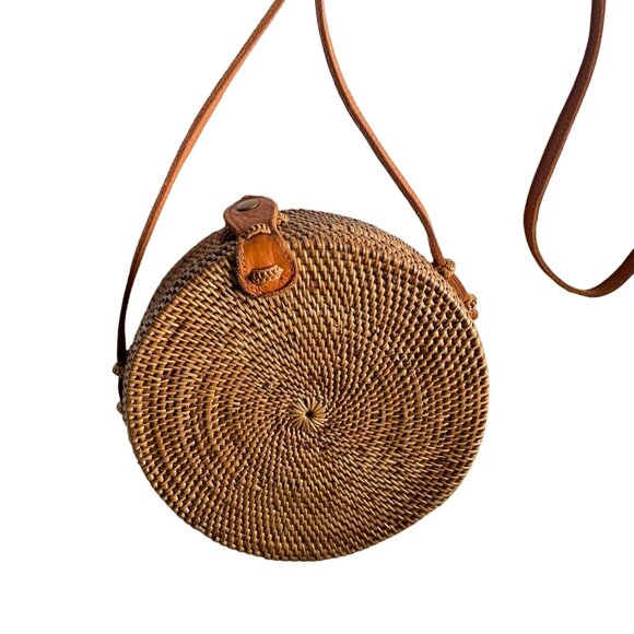 Straw Studios Hand Woven Circular Round Shoulder Crossbody Bag Women's Brown - Picture 4 of 9